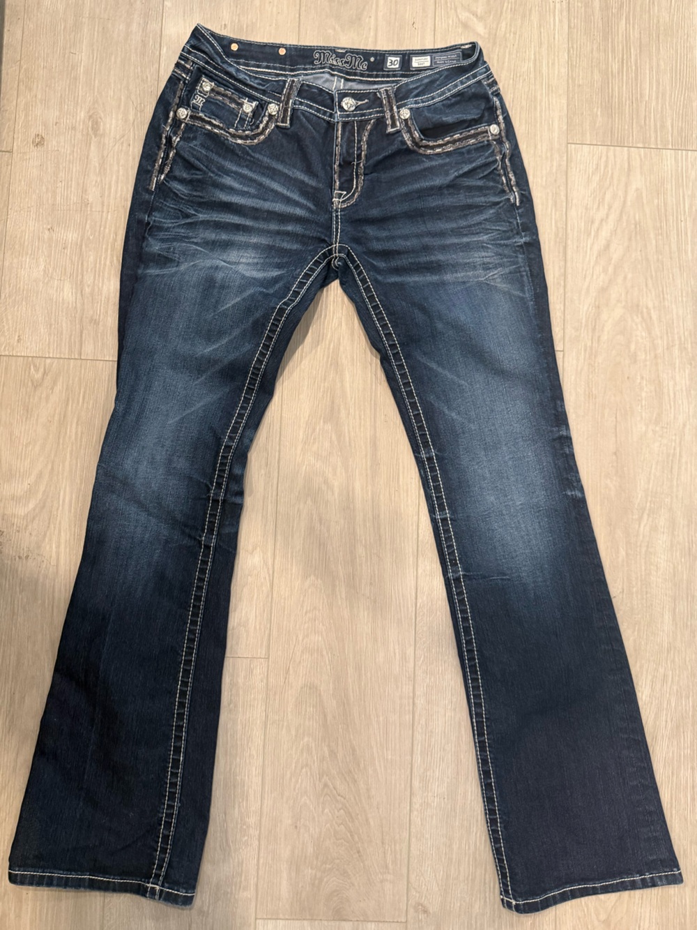 Y2K Miss Me Dark Indigo Bootcut Jeans with White Contrast Stitching